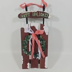 Rustic Wood & Metal Sled Christmas Decor 12" Green Red Weathered Farmhouse